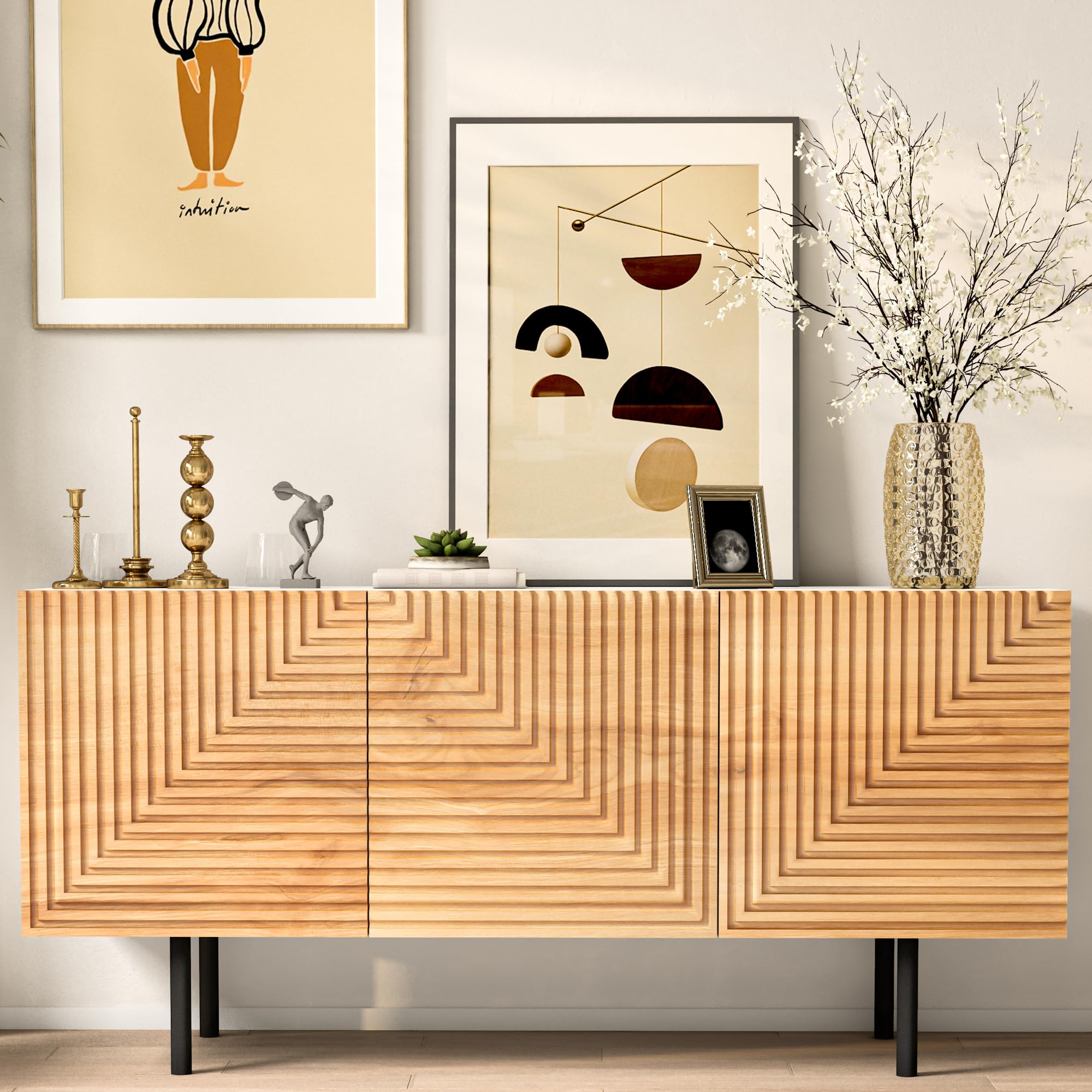 roomfitters Mid Century Modern TV Stand for TVs up to 65", Boho Sideboard Buffet Cabinet Credenza, Media Console Entertainment Center for Living Room, Poplar Wood Print Carved and Geometric Design