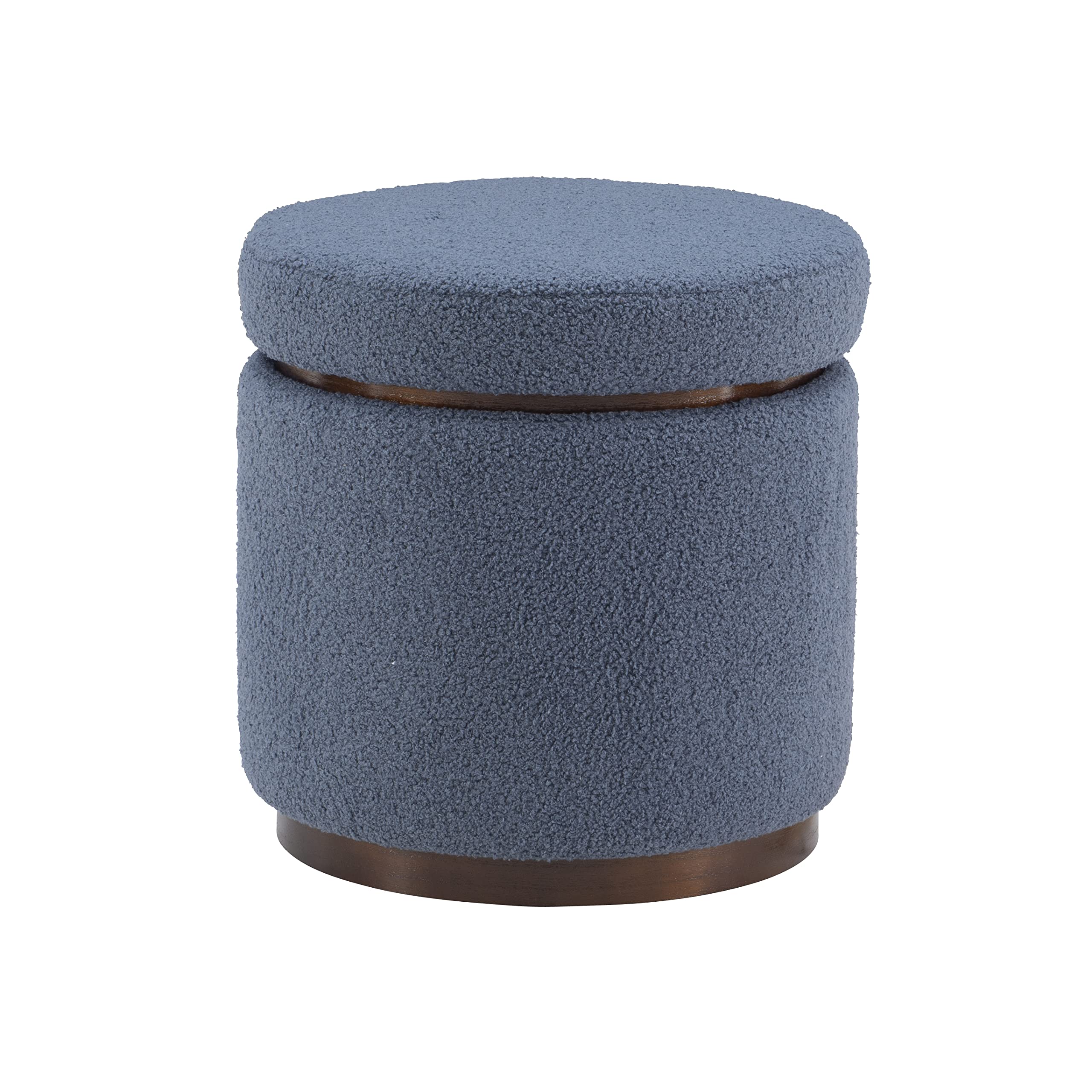 Linon Lexington Blue Sherpa Round Storage Ottoman with Wood Accent