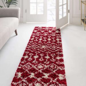 Unique Loom Moroccan Trellis Shag Collection Area Rug - Meknes (2' x 7' 1" Runner, Burgundy Red/ Ivory)