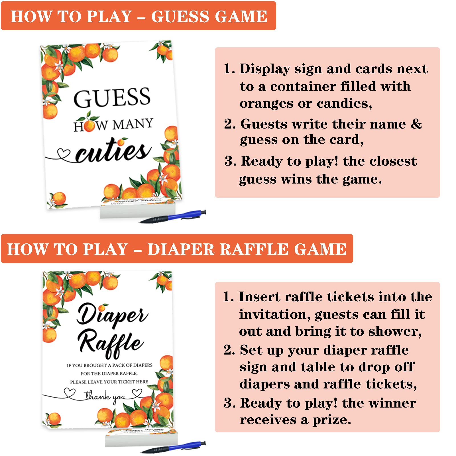 50 Little Cutie Orange Diaper Raffle Tickets and 1 Sign Baby Shower Games Orange Theme Guess How Many Cuties Sign with 50 Cards Orange Baby Shower Candy Guessing Game