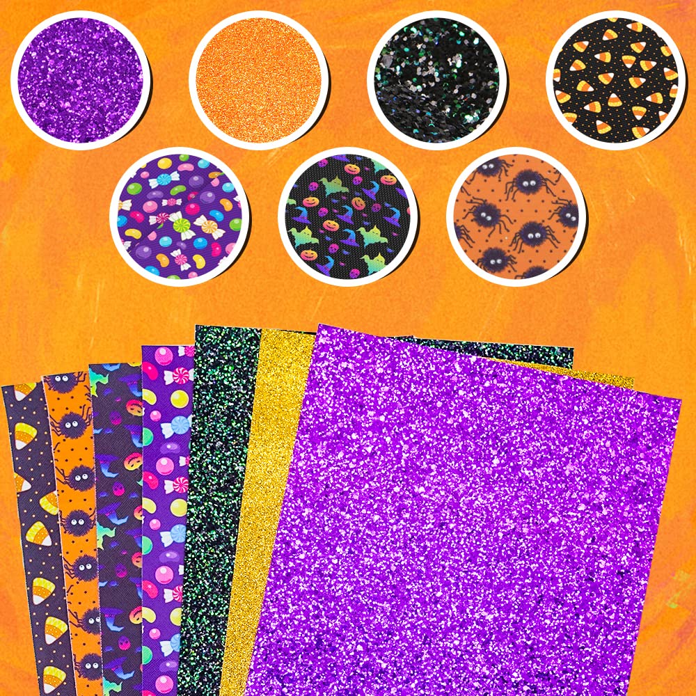 7 Sheets Halloween Faux Leather Sheets for Crafts, 7.9×13.0 Inch Glitter Synthetic Leather Sheet Halloween Spider Faux Leather Fabric Sheets for Earrings Hair Bows DIY Keychain Holiday Decor