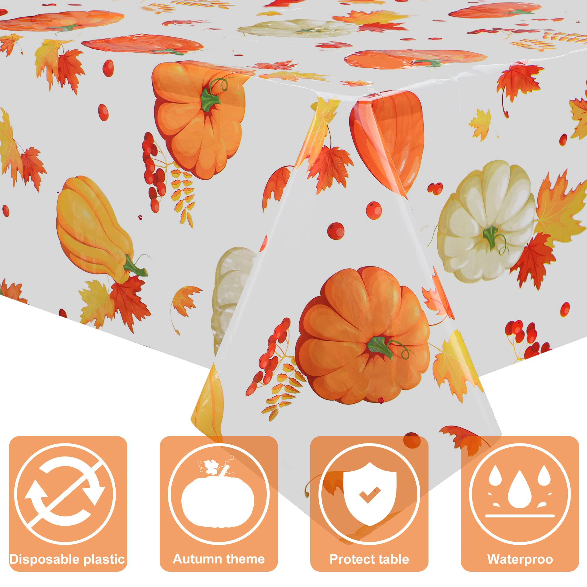 2 PCS Fall Pumpkin Plastic Tablecloth Thanksgiving Party Tablecloths Maple Leaf Berries Table Cover Rectangle Disposable Tablecloths for Autumn Harvest Party Holiday Dining Home Decor, 54" x 108"