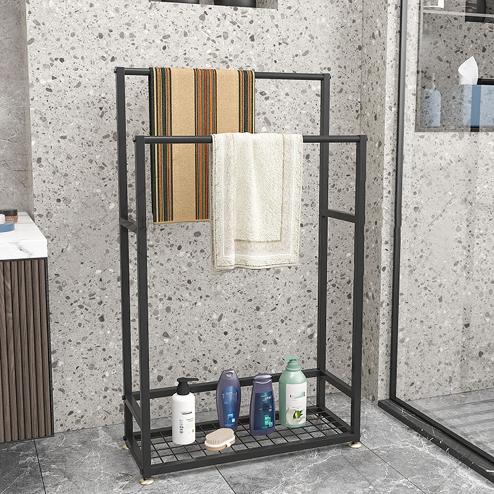 Floor Standing Bathroom Towel Rack Modern 2 Tier Hotel Shower Metal Bath Towel Rack Kitchen Towel Rack Outdoor Pool Gym Beach Towel Rack Laundry Room Drying Rack Storage Rack for Quilts/blankets