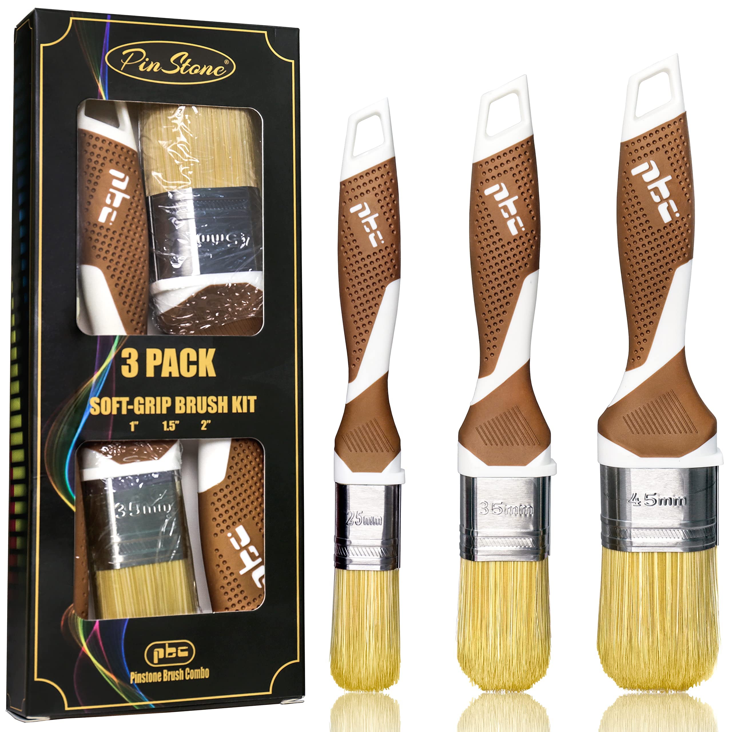 PinStone 3 Pack Professional Paint Brushes Set, 1", 1.5", 2" Synthetic Bristles Paint Brush, Easy-Grip Rubber Handle, Cabinet Paint Brush, Chalk Paint Brush, Paint Brushes for Walls, Smooth Finish