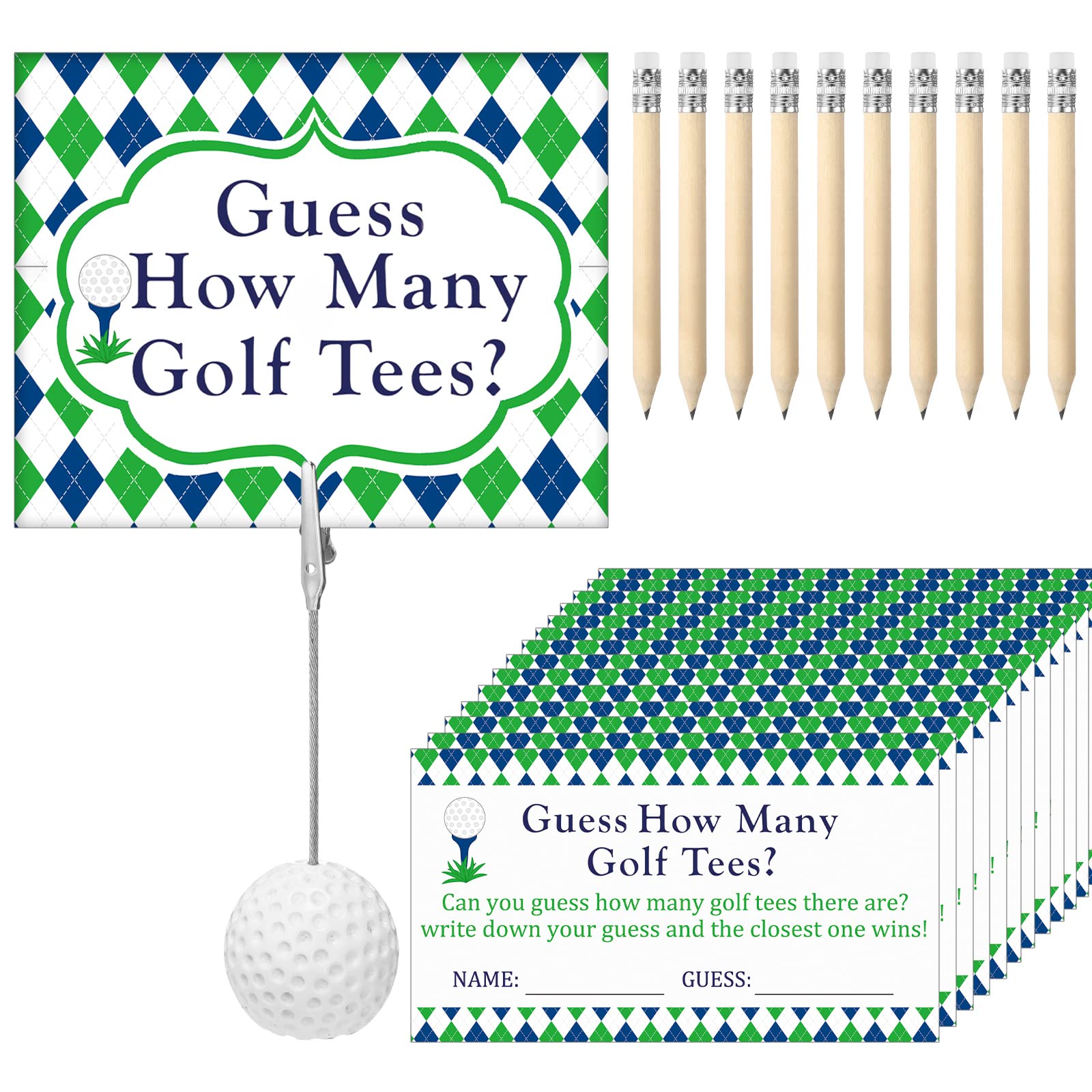 101 Pcs Guess How Many Golf Tees Cards 1 Resin Golf Ball Base Memo Clip Holder 10 Pencils Funny Games for Golf Theme Party Supply Bridal Shower Birthday Baby Shower