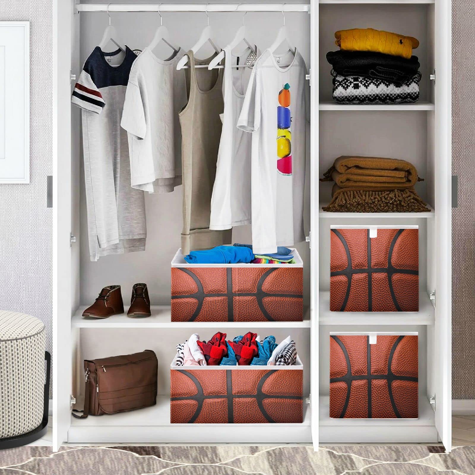 Bolaz Basketball Ball Texture Closet Organizers Storage Cubes Storage Bins Shelf Baskets Containers for Home Kids Room Toys Office