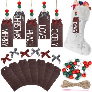 diyasy christmas stocking name tags, 12 pack personalized wooden haning tags farmhouse stocking sign unfinished blank chalkboard tags with wood beads, bows, hemp rope & needle