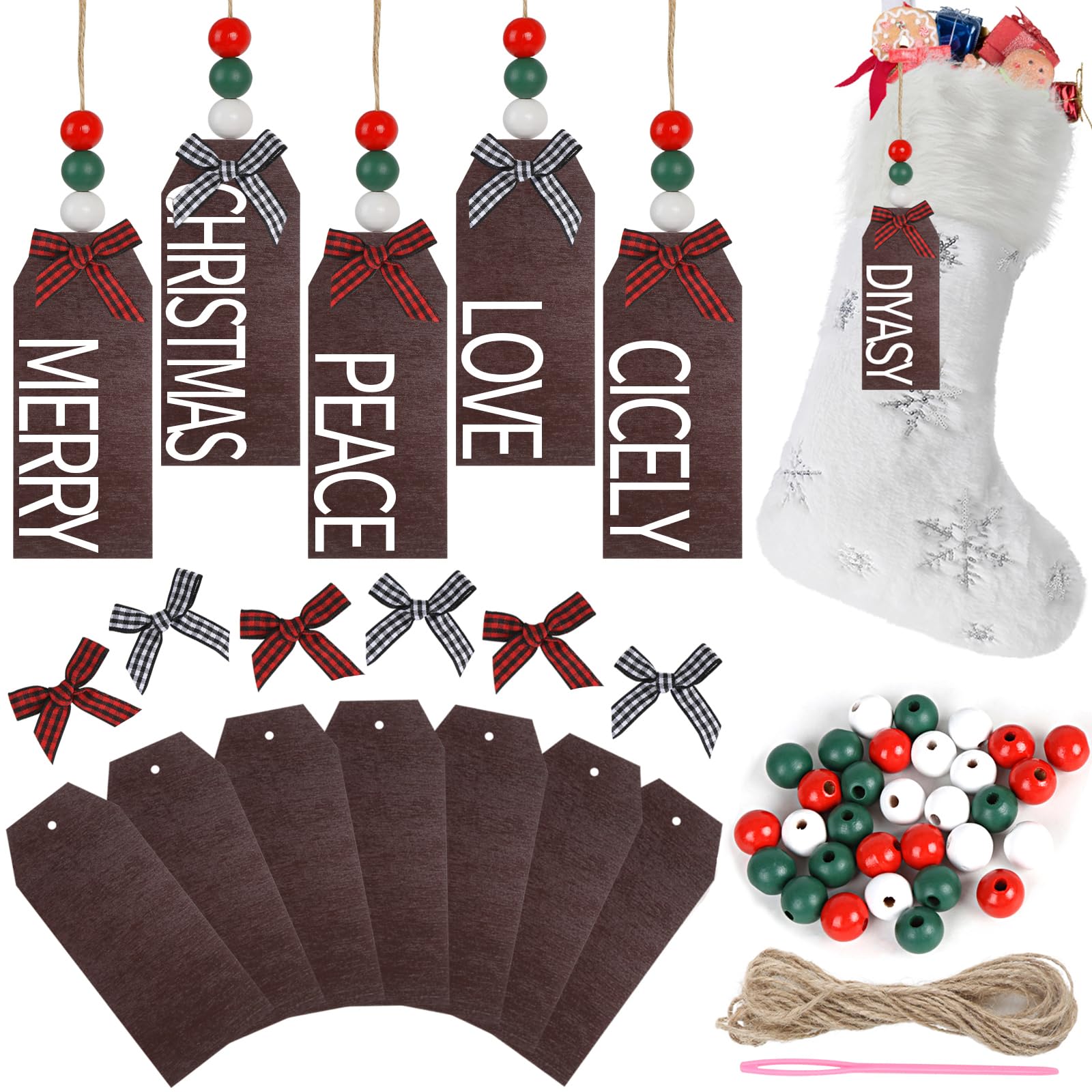 DIYASY Christmas Stocking Name Tags, 12 Pack Personalized Wooden Haning Tags Farmhouse Stocking Sign Unfinished Blank Chalkboard Tags with Wood Beads, Bows, Hemp Rope & Needle