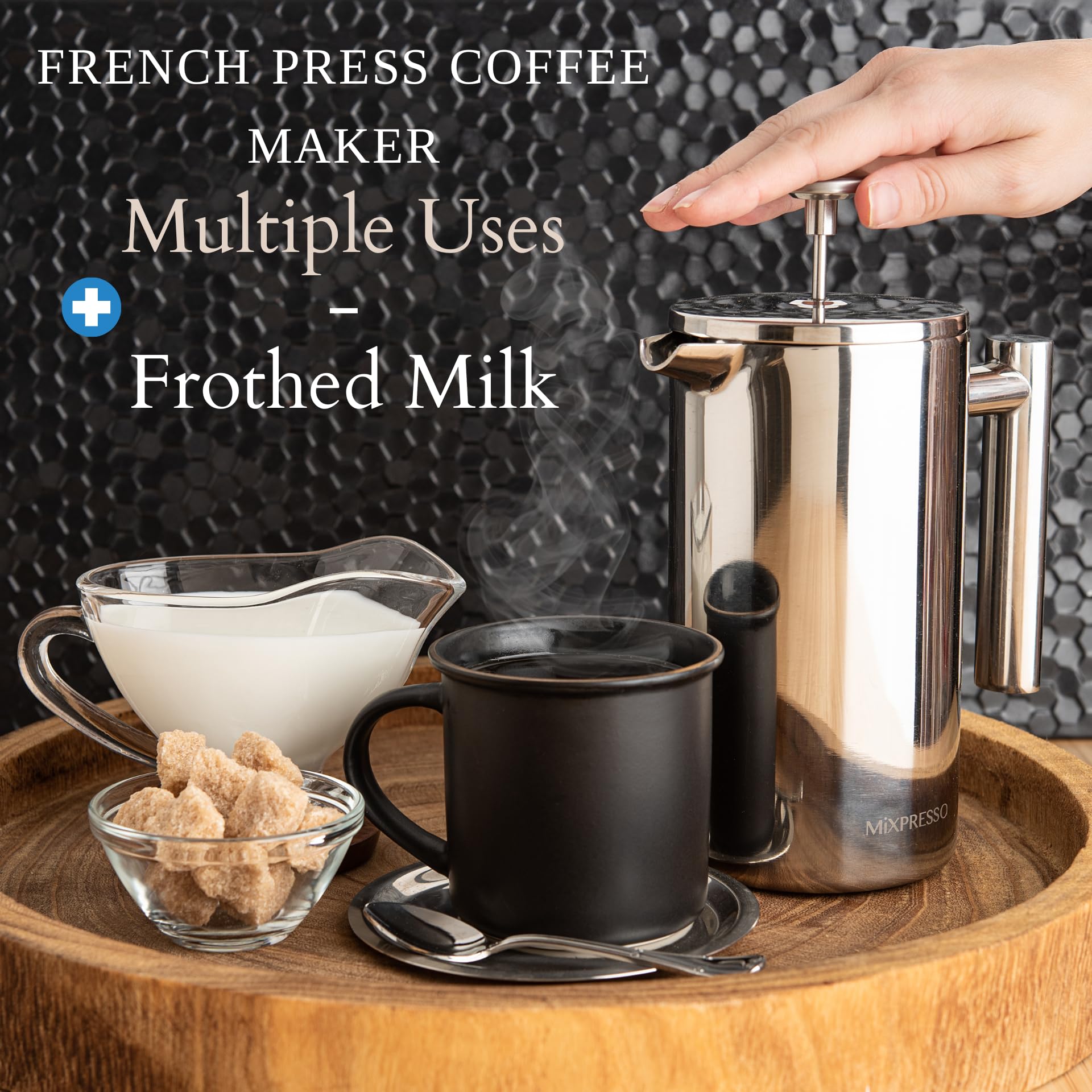 Mixpresso Stainless Steel French Press, 27 Oz, Double Wall Insulated, Mirror Finish, Thermometer Build On