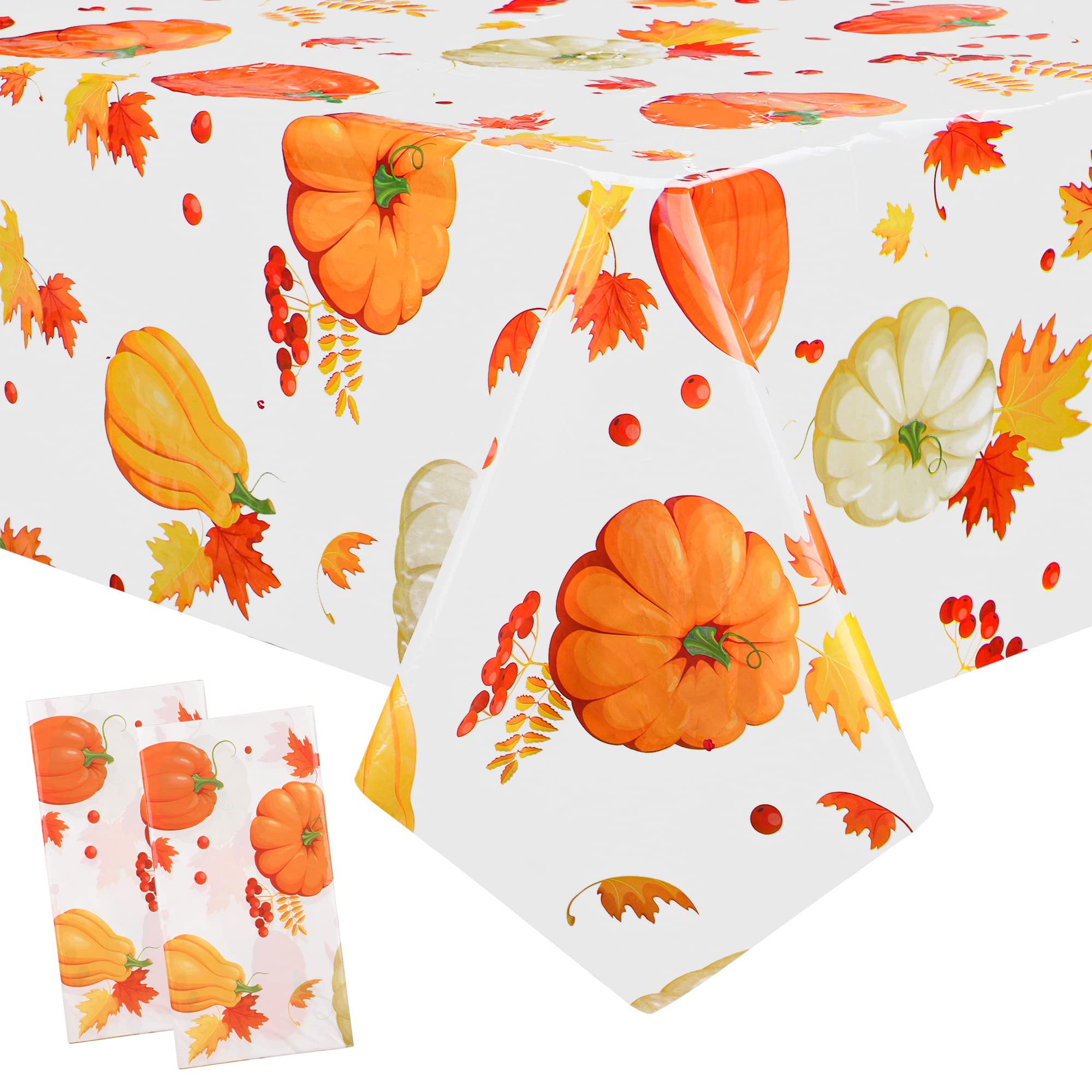 2 PCS Fall Pumpkin Plastic Tablecloth Thanksgiving Party Tablecloths Maple Leaf Berries Table Cover Rectangle Disposable Tablecloths for Autumn Harvest Party Holiday Dining Home Decor, 54" x 108"