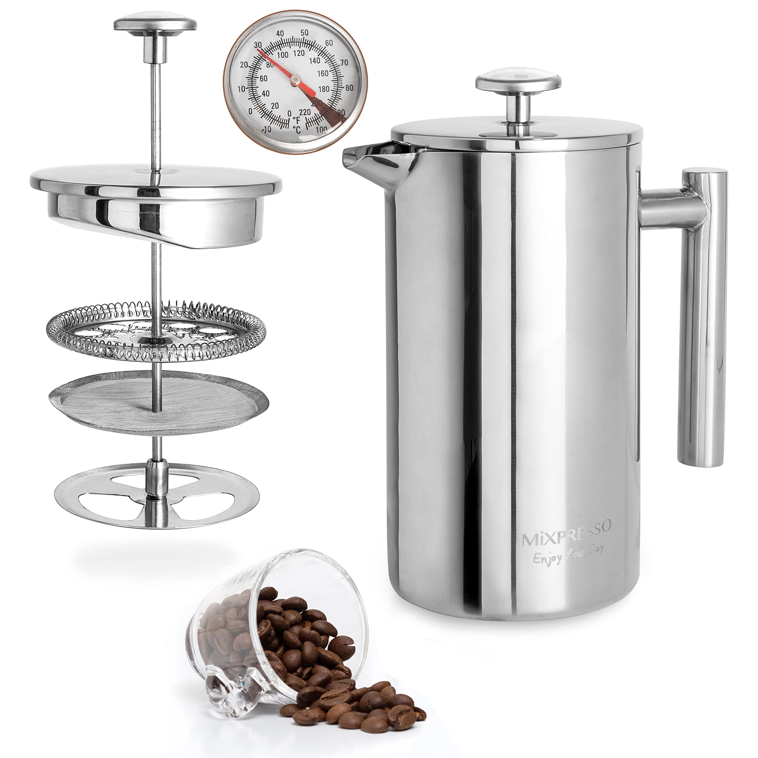 Mixpresso Stainless Steel French Press, 27 Oz, Double Wall Insulated, Mirror Finish, Thermometer Build On