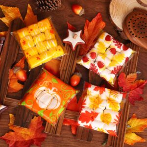 Whaline 400Pcs Fall Cellophane Bag 4 Styles Plastic Pumpkin Maple Leaf Self-adhesive Cello Bag Thanksgiving Goodie Treat Bag Candy Snack Bags Bulk for Thanksgiving Party Favor Autumn Party Supplies