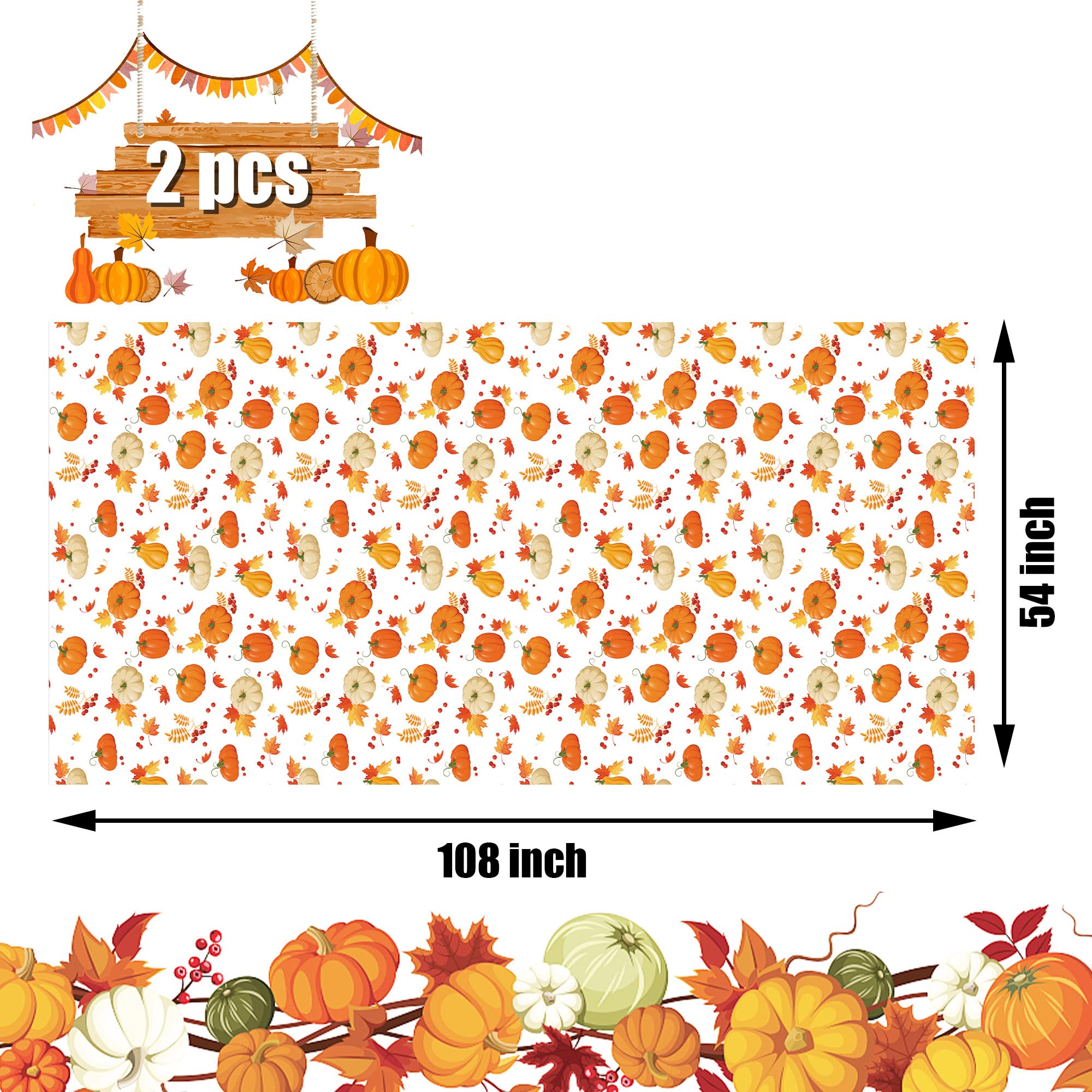 2 PCS Fall Pumpkin Plastic Tablecloth Thanksgiving Party Tablecloths Maple Leaf Berries Table Cover Rectangle Disposable Tablecloths for Autumn Harvest Party Holiday Dining Home Decor, 54" x 108"