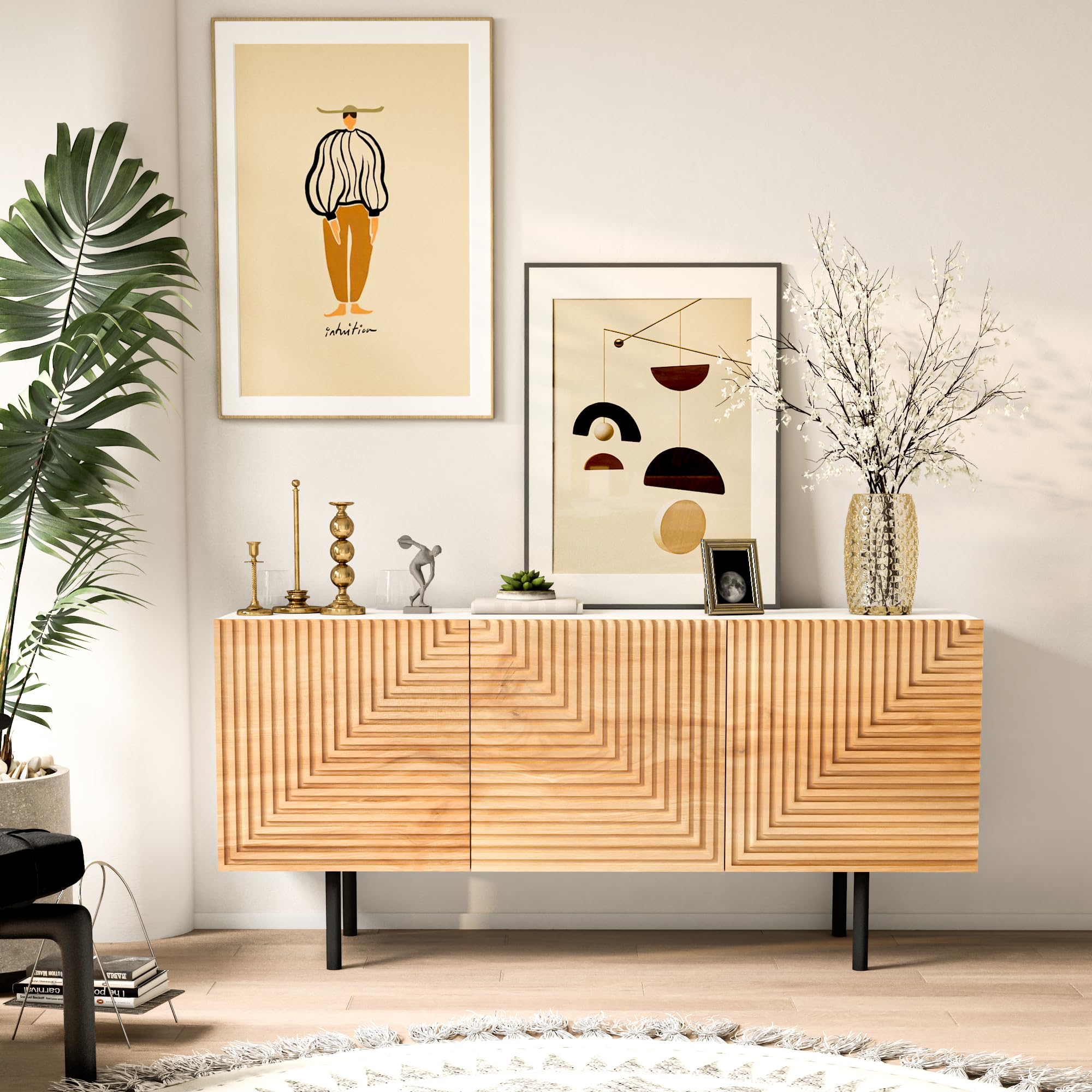 roomfitters Mid Century Modern TV Stand for TVs up to 65", Boho Sideboard Buffet Cabinet Credenza, Media Console Entertainment Center for Living Room, Poplar Wood Print Carved and Geometric Design