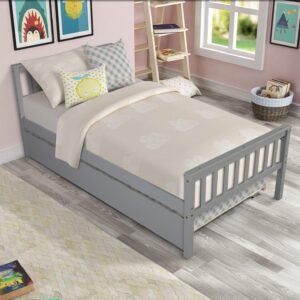 HomSof Twin Platform Bed Frame with Headboard and Footboard,for Bedroom Small Living Space, Grey+Trundle