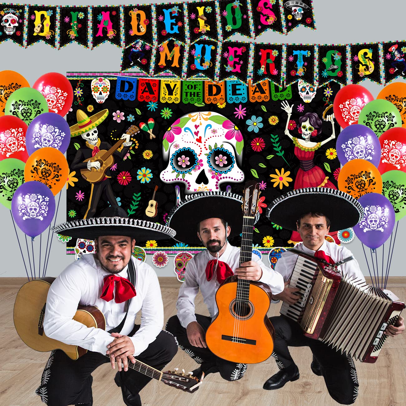 39 Pieces Day of The Dead Decorations, Day of The Dead Balloons Dia de Los Muertos Fiesta Background, Special Sugar Skull Dia De Los Muertos Cutouts Banner for Halloween Mexican Fiesta Supplies