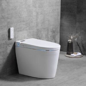 smart bidet toilet elongated one piece modern design, automatic flushing, heated seat with integrated multi function, remote control