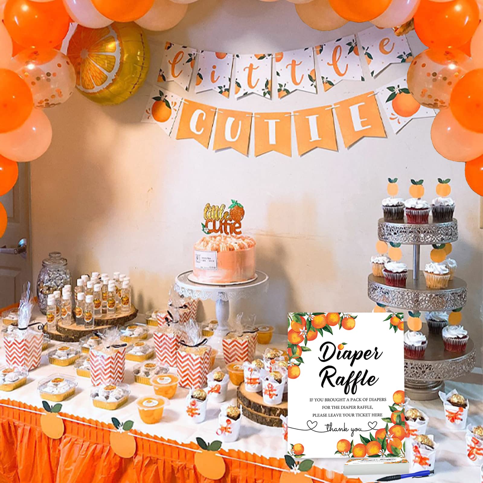 50 Little Cutie Orange Diaper Raffle Tickets and 1 Sign Baby Shower Games Orange Theme Guess How Many Cuties Sign with 50 Cards Orange Baby Shower Candy Guessing Game