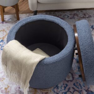 Linon Lexington Blue Sherpa Round Storage Ottoman with Wood Accent