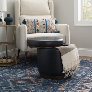 Linon Lexington Black Faux Leather Round Storage Ottoman with Wood Accent