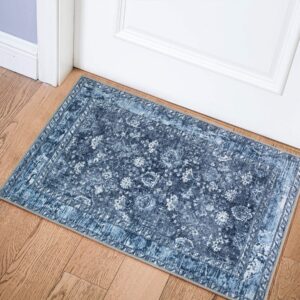 mujoo machine washable rugs 2'x3 ' small area rugs non slip boho for entryway kitchen bathroom bedroom vintage soft low-pile navy blue area rug.