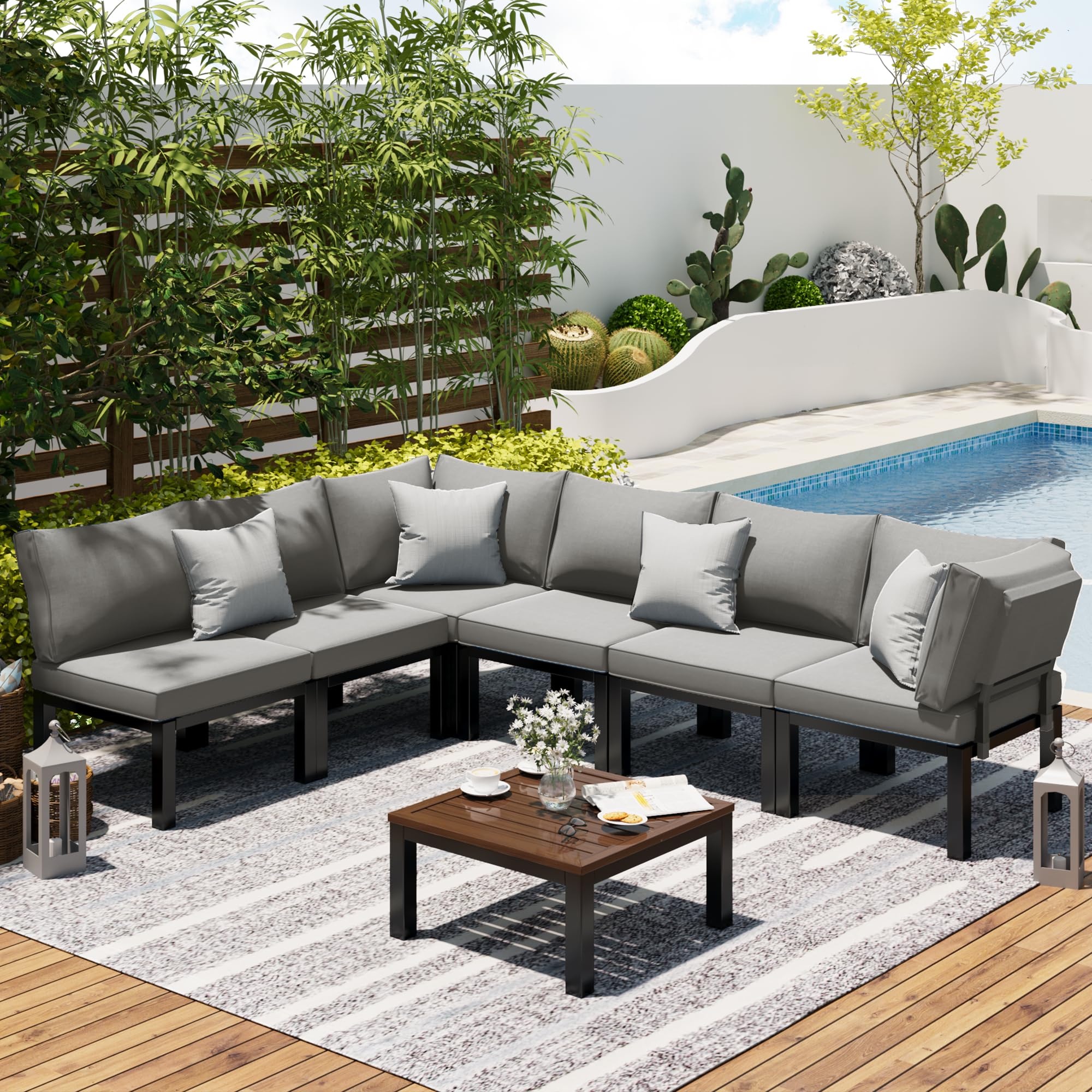 AECOJOY Outdoor Patio Furniture Set, Metal Patio Sectional Conversation Sofa, Black Wrought Iron Outdoor Furniture Sets Clearance with Grey Cushions