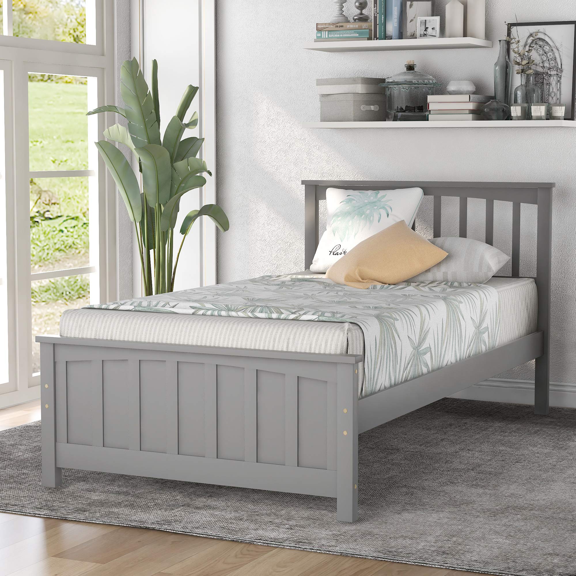 MERITLINE Twin Size Platform Bed, Wooden Twin Bed Frame, Gray