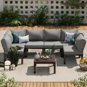 AECOJOY Outdoor Patio Furniture Set, Metal Patio Sectional Conversation Sofa, Black Wrought Iron Outdoor Furniture Sets Clearance with Grey Cushions