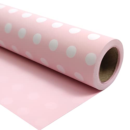 LDGOOAEL Mini Short Small Wrapping Paper Roll - Reversible Design (17" X 32.8 Feet) - Baby Pink Polka dots/Baby Pink for holiday, Christmas, Birthday, Wedding, Baby Shower