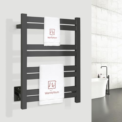 WarmlyYours Radiant Electric Heated Towel Warmer Rack, 8-Bar, Dual Connection, Integrated On/Off Switch with Light, Stainless Steel, Matte Black