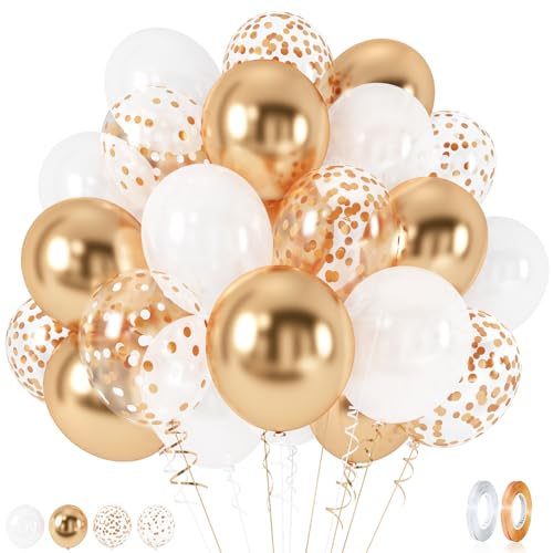 60 Pieces Balloons Gold and White, 12 Inch Pearl White Metallic Chrome Gold Confetti Latex Party Balloons with Ribbon for Girls Women Birthday Wedding Baby Bridal Shower Engagement Party Decorations