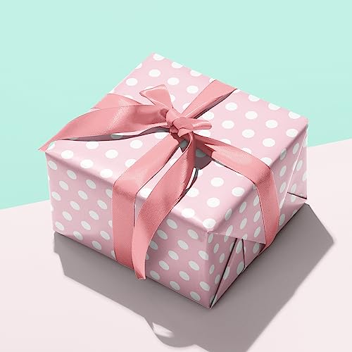 LDGOOAEL Mini Short Small Wrapping Paper Roll - Reversible Design (17" X 32.8 Feet) - Baby Pink Polka dots/Baby Pink for holiday, Christmas, Birthday, Wedding, Baby Shower