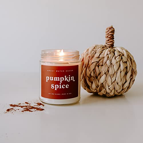 Sweet Water Decor Pumpkin Spice Soy Candle | Pumpkin, Cloves, Buttercream, Cinnamon, Smoke Embers, Vanilla Scented Candle for Home | 9oz Clear Jar Candle, 40 Hour Burn Time, Made in the USA