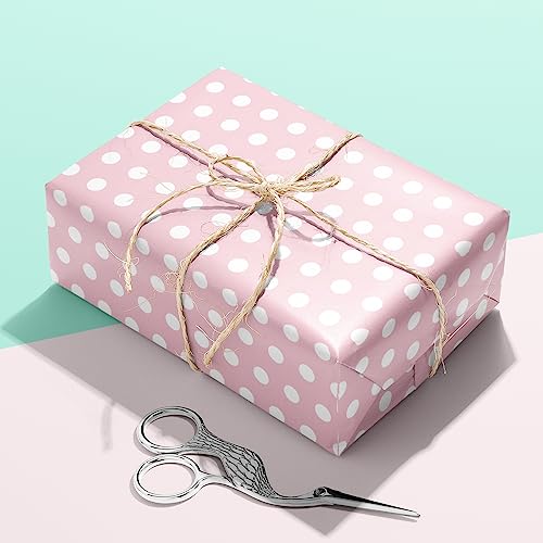 LDGOOAEL Mini Short Small Wrapping Paper Roll - Reversible Design (17" X 32.8 Feet) - Baby Pink Polka dots/Baby Pink for holiday, Christmas, Birthday, Wedding, Baby Shower