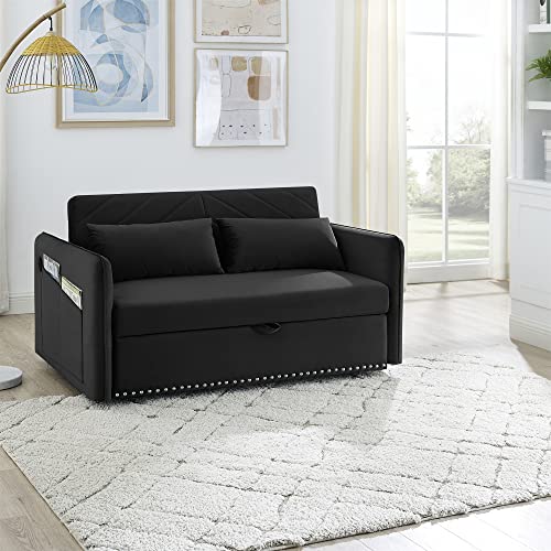 Holaki Convertible Velvet Sleeper Sofa Bed, 55" Velvet Loveseat Sofa with USB Charging Port,Modern Pull Out Sofa Bed with Adjustable Backrest,2 Pillows and Storage Side Pocket for Home Office(Black)