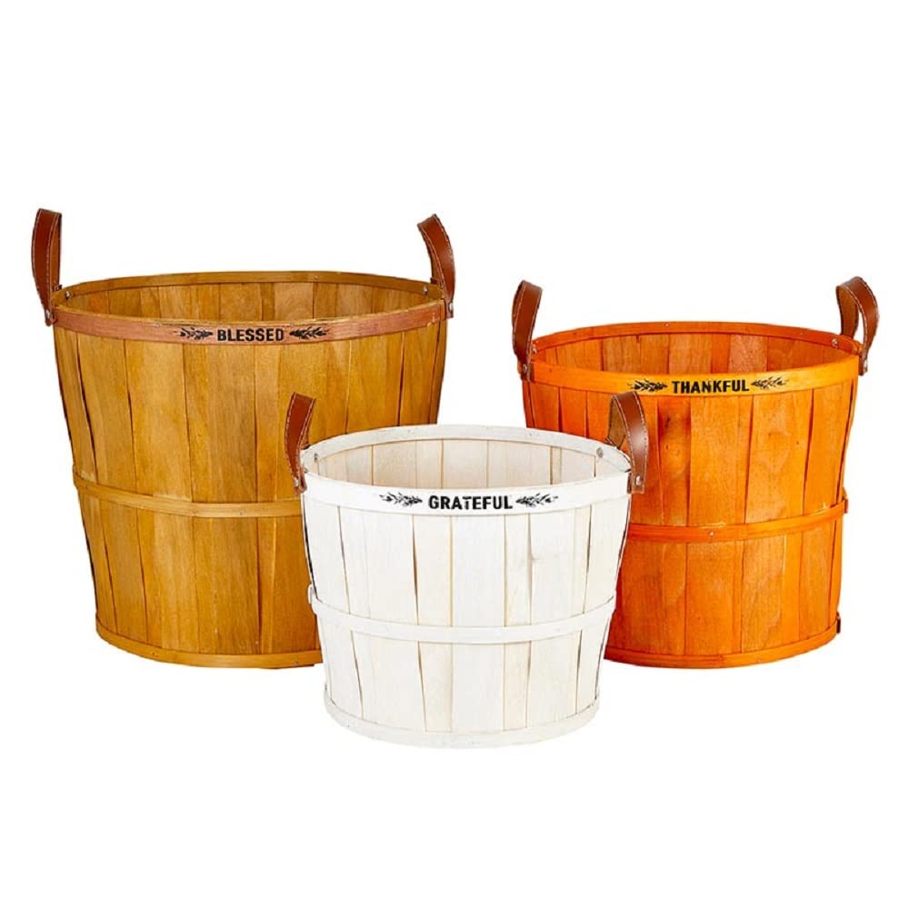 Creative Brands Harvest and Thanksgiving Decorations-Set of 3 Nested Bushel Baskets by The Heartfelt Collection, Sm-Med-Lg, Grateful