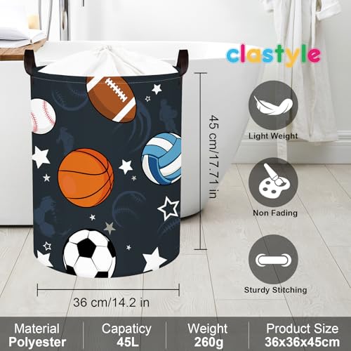 Clastyle 45L Waterproof Sports Laundry Basket with Drawstring Collapsible Football Basketball Storage Laundry Hamper for Bedroom, 14.2 * 17.7 in