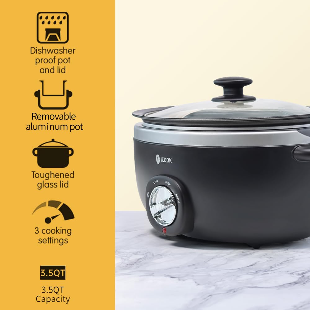 ICOOK USC-35-OP001BK 3.5 Quart Slow Cooker,Aluminium Sear/Sauté Stew Pot Stovetop safe,Dishwasher Safe,Glass Lid,Adjustable Temp,Food Warmer,Black