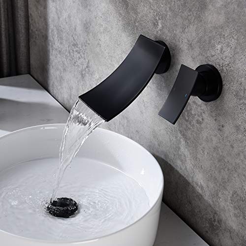 Widespread Waterfall Bathtub Mixer Taps Bath Shower Faucets Single Handle Two Holes Wall Mount Curve Spout Bathroom Sink Faucets Vessel Sink Vanity Faucets Lavatory Plumbing Fixtures (Matte Black)