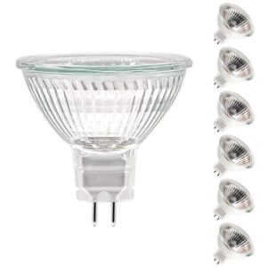 etuolmp mr16 halogen bulb 50w 12v, durable 6 packs high output halogen light bulbs 2 pin gu5.3 base for landscape lights, track lights, fiber optics, desk lamps, dimmable, 2700k warm white