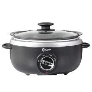 icook usc-35-op001bk 3.5 quart slow cooker,aluminium sear/sauté stew pot stovetop safe,dishwasher safe,glass lid,adjustable temp,food warmer,black