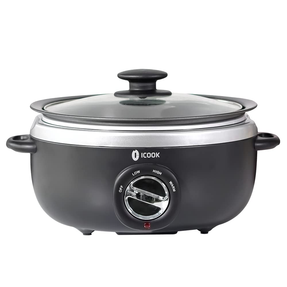 ICOOK USC-35-OP001BK 3.5 Quart Slow Cooker,Aluminium Sear/Sauté Stew Pot Stovetop safe,Dishwasher Safe,Glass Lid,Adjustable Temp,Food Warmer,Black