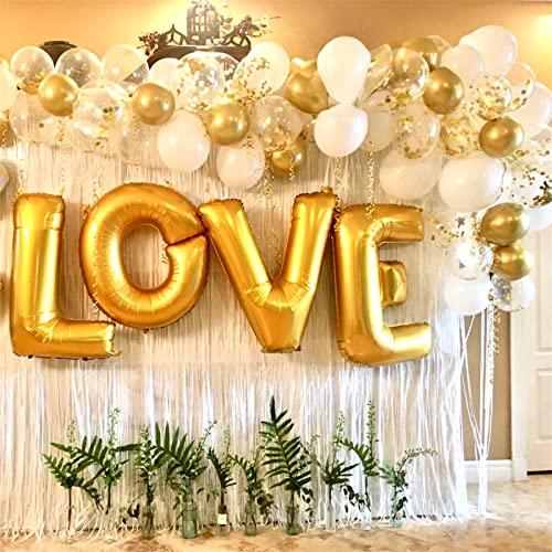 60 Pieces Balloons Gold and White, 12 Inch Pearl White Metallic Chrome Gold Confetti Latex Party Balloons with Ribbon for Girls Women Birthday Wedding Baby Bridal Shower Engagement Party Decorations