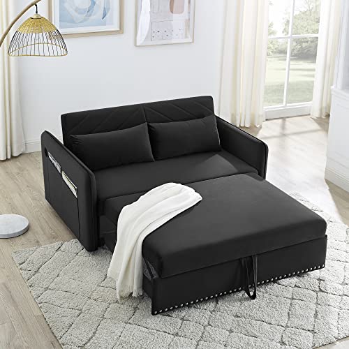 Holaki Convertible Velvet Sleeper Sofa Bed, 55" Velvet Loveseat Sofa with USB Charging Port,Modern Pull Out Sofa Bed with Adjustable Backrest,2 Pillows and Storage Side Pocket for Home Office(Black)