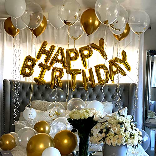 60 Pieces Balloons Gold and White, 12 Inch Pearl White Metallic Chrome Gold Confetti Latex Party Balloons with Ribbon for Girls Women Birthday Wedding Baby Bridal Shower Engagement Party Decorations