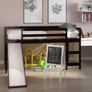 nafort twin loft bed with slide, low loft bed with stairs, solid wood twin loft bed frame for girls boys with climbing ladders guard rails and slat support (espresso)