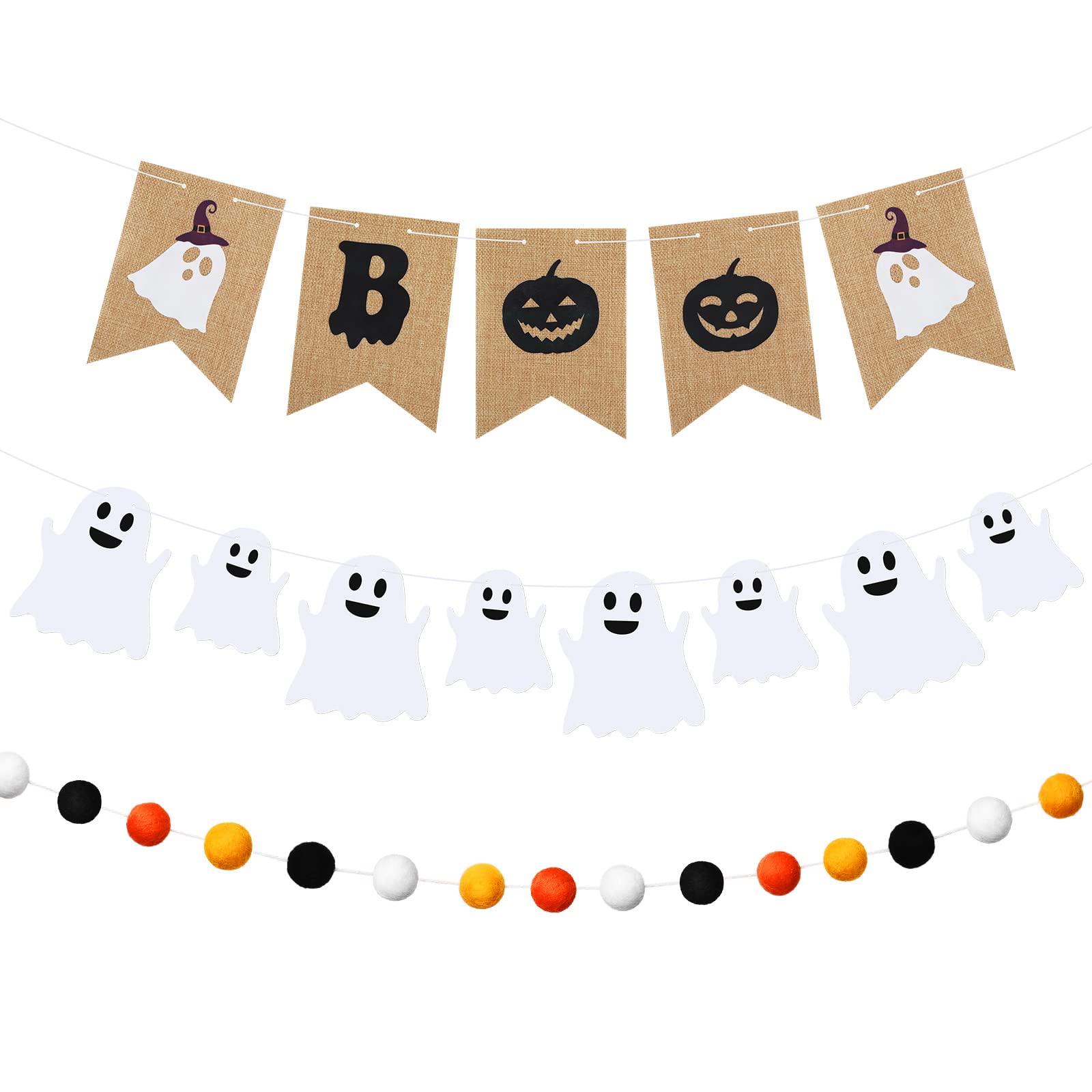 Halloween Banner 3 Pcs Burlap Boo Banner Felt Garland Ghost Decor White Orange and Black Hanging Halloween Decorations Outdoor for Party Halloween Birthday Fireplace Carnival Decorations