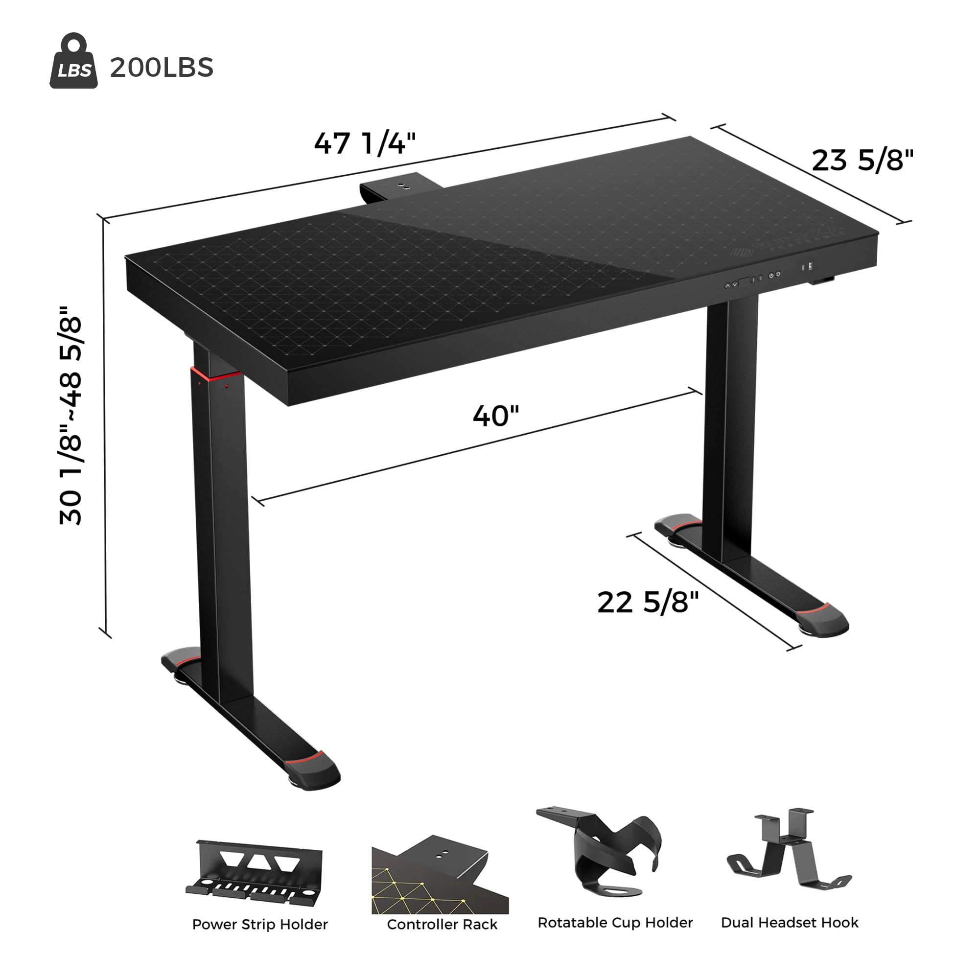 EUREKA ERGONOMIC RGB Glass Gaming Desk, Music Studio Desk, 47 Inch Adjustable Height Computer Desk Music Sensing LED Sit Stand Desk for Home Office Gamer w Dual Motors,USB Ports, APP Control