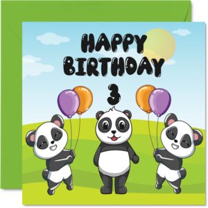 3rd birthday card unisex - panda party - happy birthday card 3 year old, 5.7 x 5.7 inch cute greeting card for son daughter brother sister grandson granddaughter niece nephew cousin