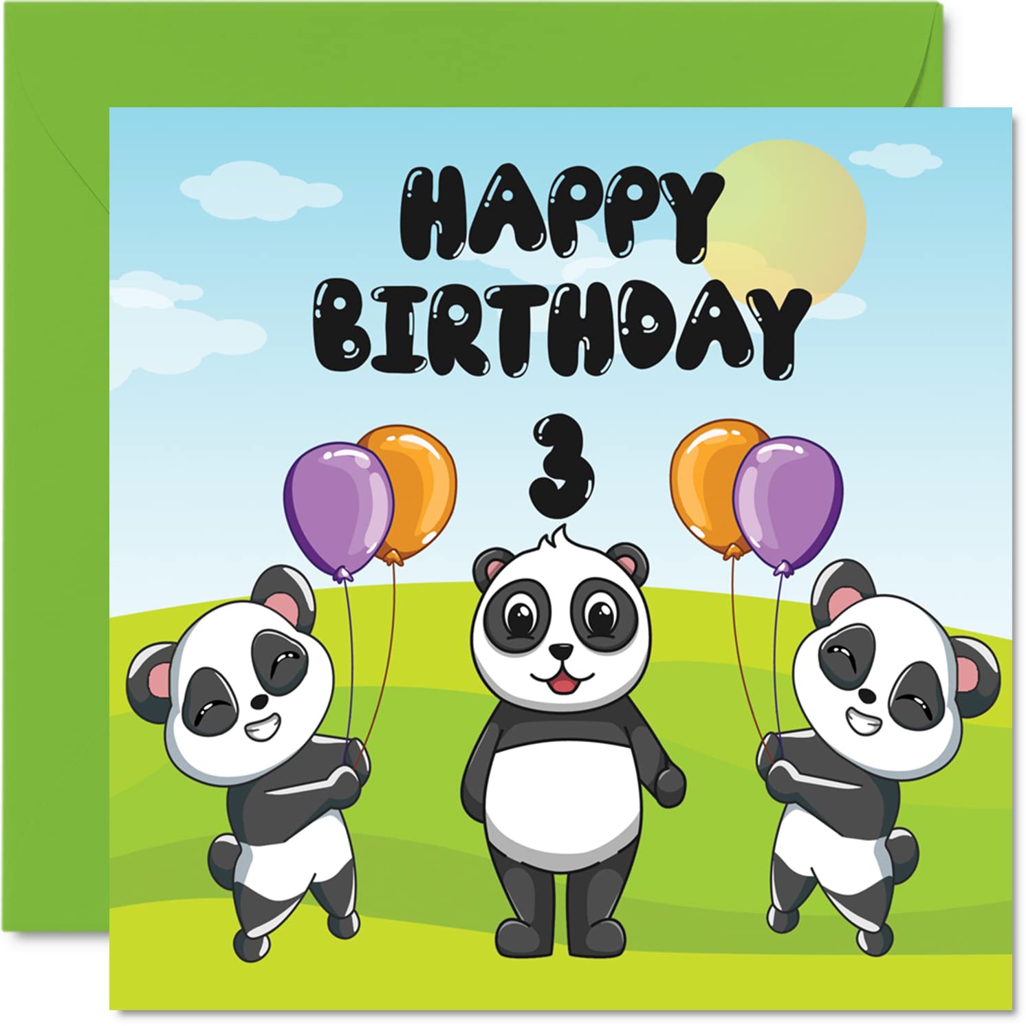 3rd Birthday Card Unisex - Panda Party - Happy Birthday Card 3 Year Old, 5.7 x 5.7 Inch Cute Greeting Card for Son Daughter Brother Sister Grandson Granddaughter Niece Nephew Cousin